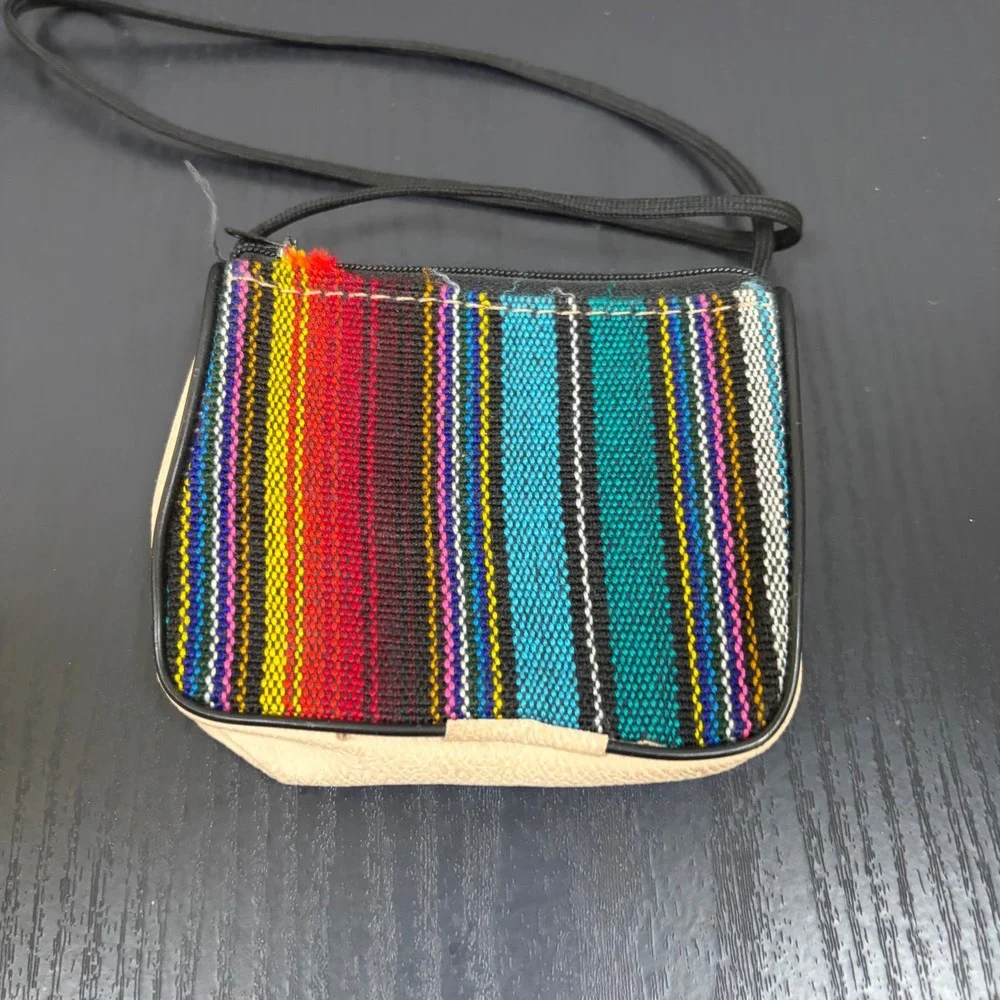 Cancun Mexico Souvenir Crossbody Bag Small Woven Striped Leather Neck Pouch 0110